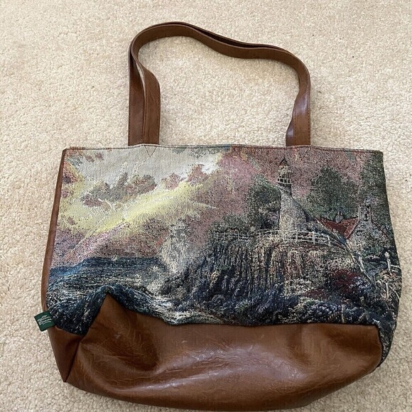 Thomas Kinkade Lighthouse Tapestry Tote Vegan Faux Leather Light Peace Packable - Picture 1 of 8